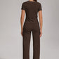 Women's Casual Sports Two-piece Set With V-neck Button, Short Sleeved, Low Waisted Flared Pants, Sportswear