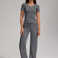 Women's Casual Sports Two-piece Set With V-neck Button, Short Sleeved, Low Waisted Flared Pants, Sportswear