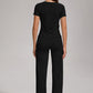 Women's Casual Sports Two-piece Set With V-neck Button, Short Sleeved, Low Waisted Flared Pants, Sportswear