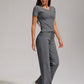Women's Casual Sports Two-piece Set With V-neck Button, Short Sleeved, Low Waisted Flared Pants, Sportswear