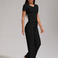 Women's Casual Sports Two-piece Set With V-neck Button, Short Sleeved, Low Waisted Flared Pants, Sportswear