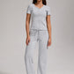 Women's Casual Sports Two-piece Set With V-neck Button, Short Sleeved, Low Waisted Flared Pants, Sportswear