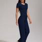 Women's Casual Sports Two-piece Set With V-neck Button, Short Sleeved, Low Waisted Flared Pants, Sportswear