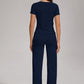 Women's Casual Sports Two-piece Set With V-neck Button, Short Sleeved, Low Waisted Flared Pants, Sportswear